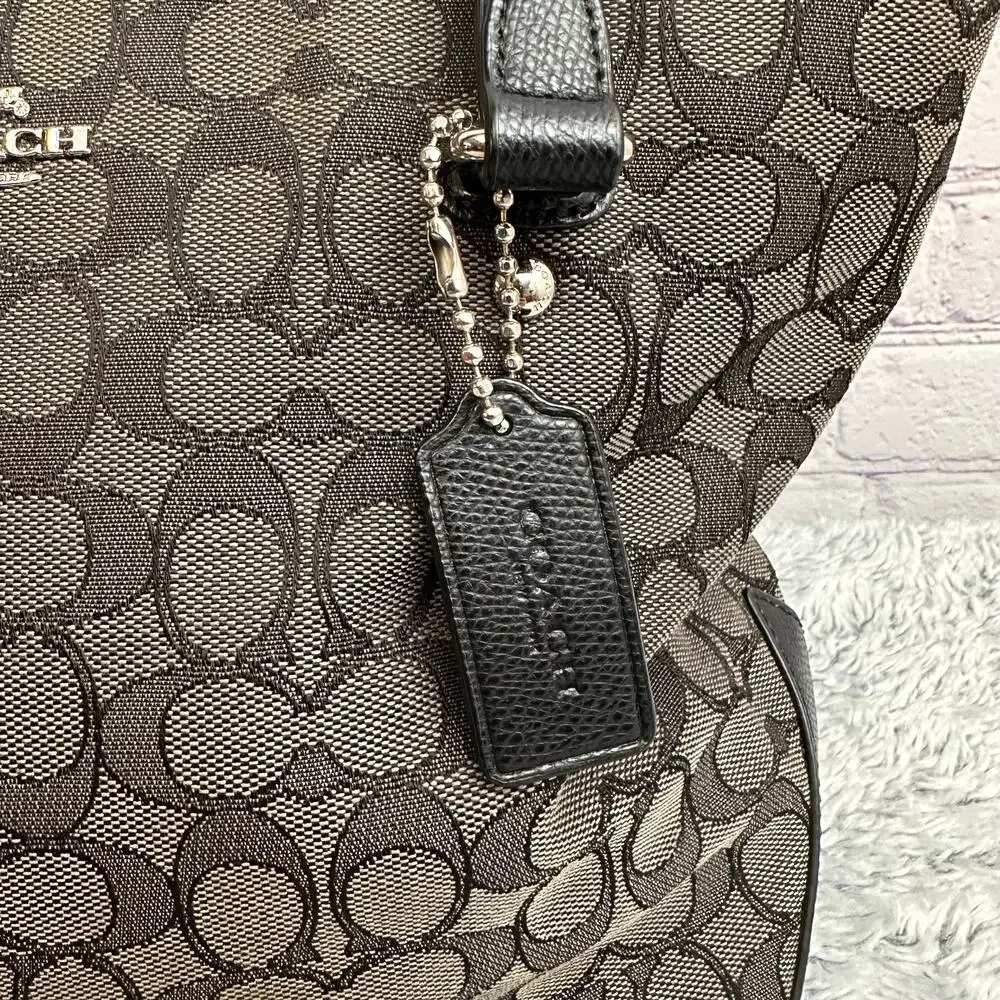 Coach Signature Monogram Canvas Tote Shoulder Bag Black & Gray Zip Closure